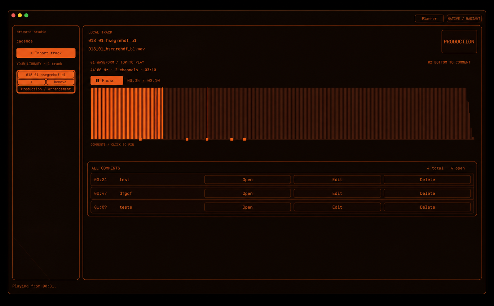 Cadence native track review interface with a waveform, loudness meter, comments, and reference controls
